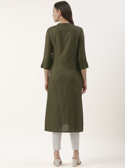 Olive Green Solid A-line Princess Cut Kurta