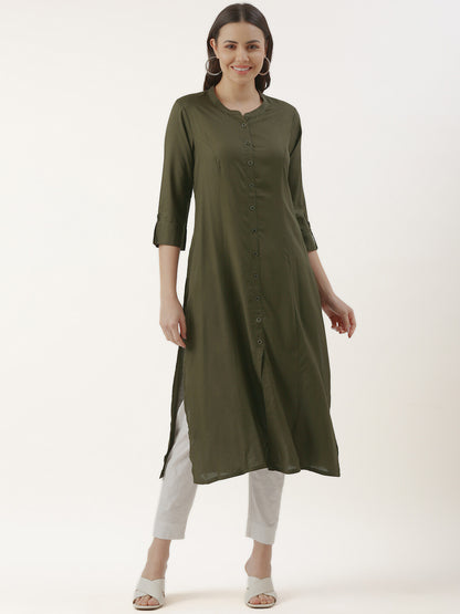 Olive Green Solid A-line Princess Cut Kurta