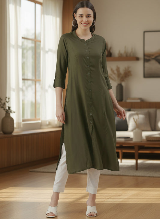 Olive Green Solid A-line Kurta, Olive Green Mandarin Collar Kurta, Olive Green Kurta, Mandarin Collar Kurta, Women’s Ethnic Wear, Office Wear Kurta, A-Line Kurta, Band Collar Kurta, Daily Wear Kurta, Olive Green Color Kurta, Rayon Kurta, Olive Green Mandarin Collar Kurta
