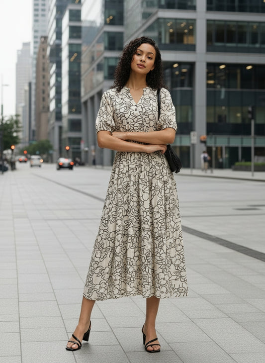 White Floral Printed Waist Tie-Up Fit & Flare Midi Dress, White Floral Midi Dress, Floral Printed Dress, Fit and Flare Dress, Waist Tie-Up Dress, Midi Dress, Casual Dress, Off White Midi Dress