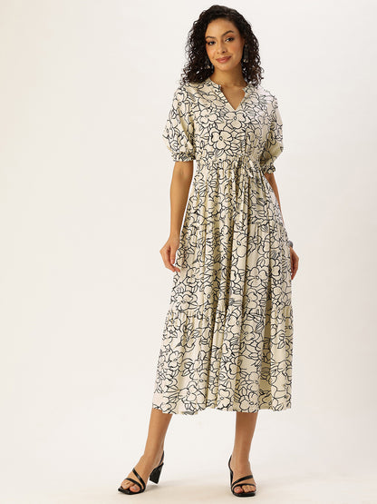 White Floral Printed Waist Tie-Up Fit & Flare Midi Dress