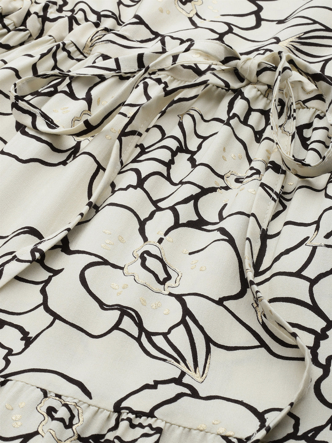White Floral Printed Waist Tie-Up Fit & Flare Midi Dress