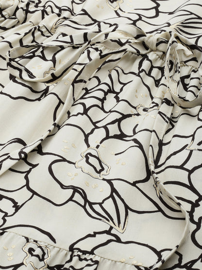 White Floral Printed Waist Tie-Up Fit & Flare Midi Dress