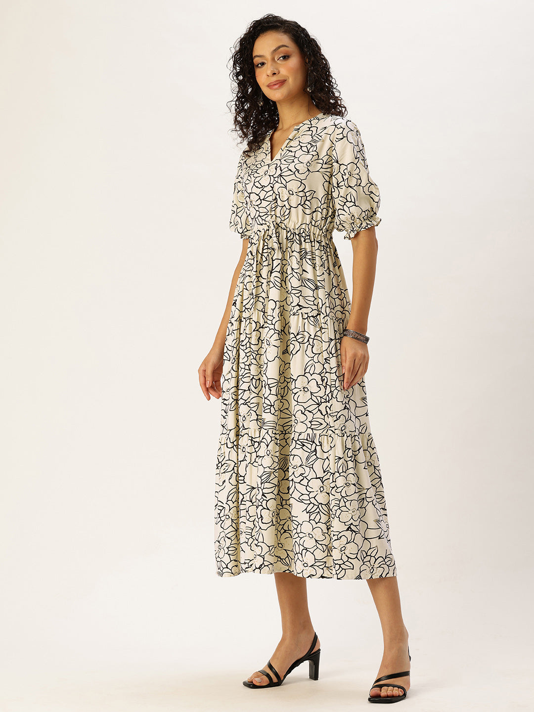White Floral Printed Waist Tie-Up Fit & Flare Midi Dress