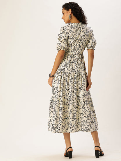 White Floral Printed Waist Tie-Up Fit & Flare Midi Dress