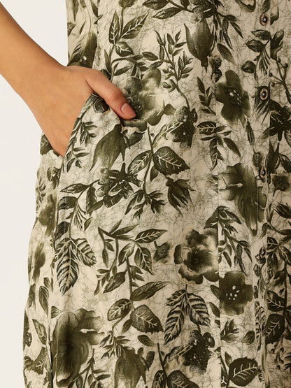 Green Floral Printed Flared Sleeves Kurta