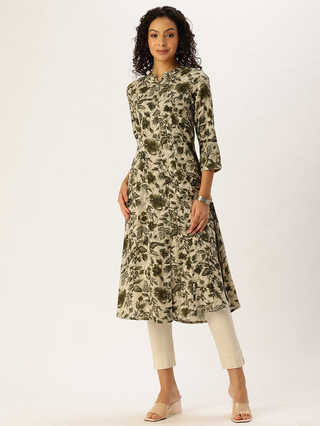 Green Floral Printed Flared Sleeves Kurta