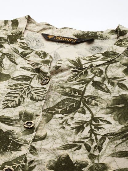 Green Floral Printed Flared Sleeves Kurta