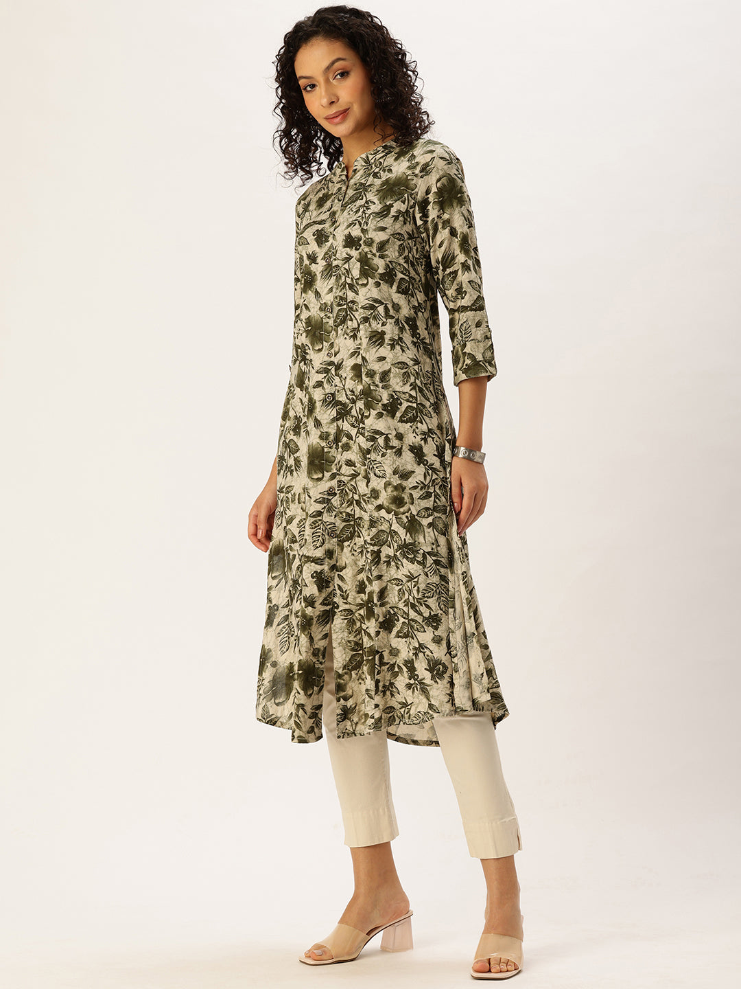 Green Floral Printed Flared Sleeves Kurta