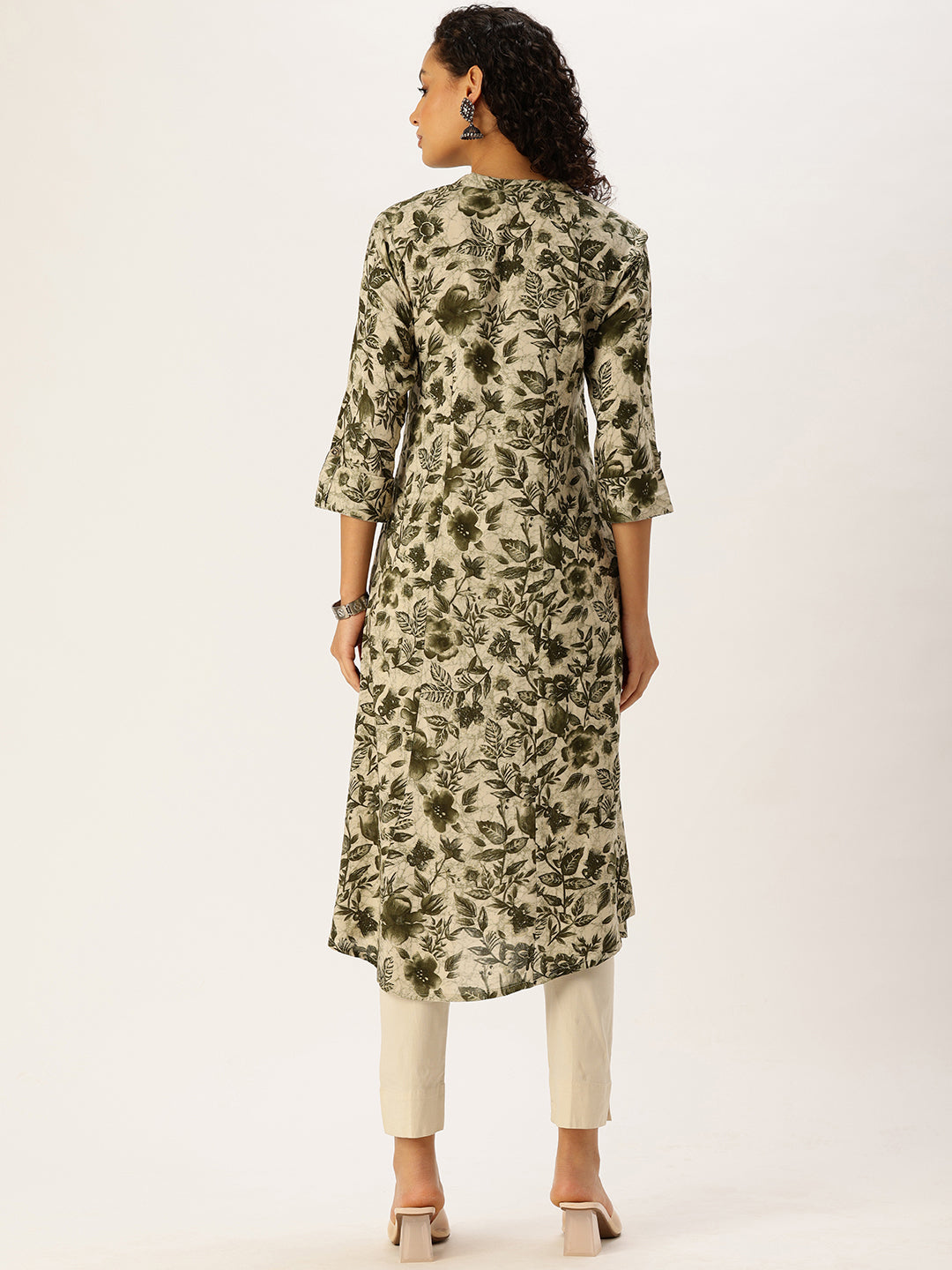 Green Floral Printed Flared Sleeves Kurta