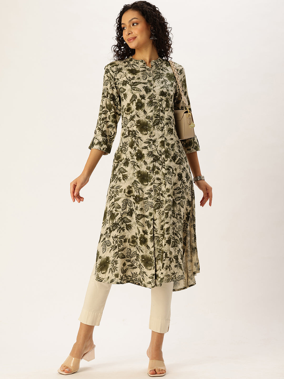 Green Floral Printed Flared Sleeves Kurta