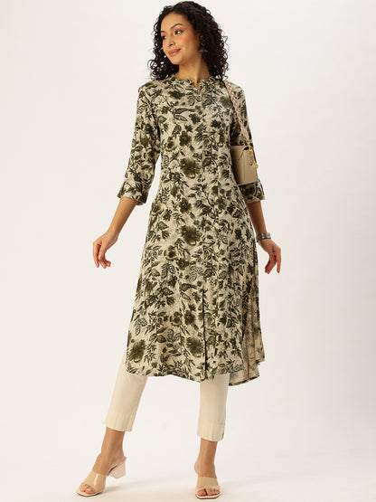 Green Floral Printed Flared Sleeves Kurta