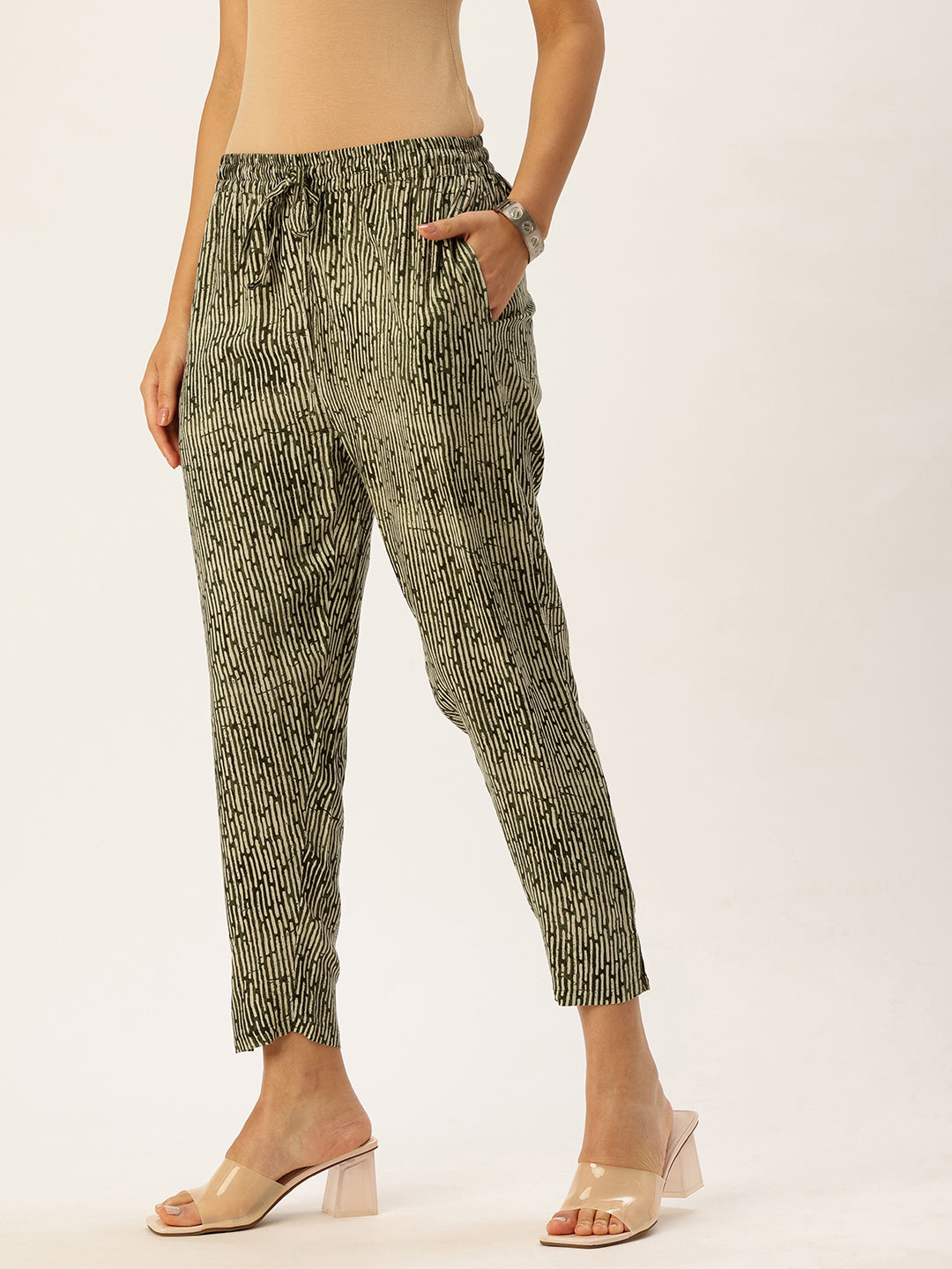 Green Striped Printed Pencil  Pant