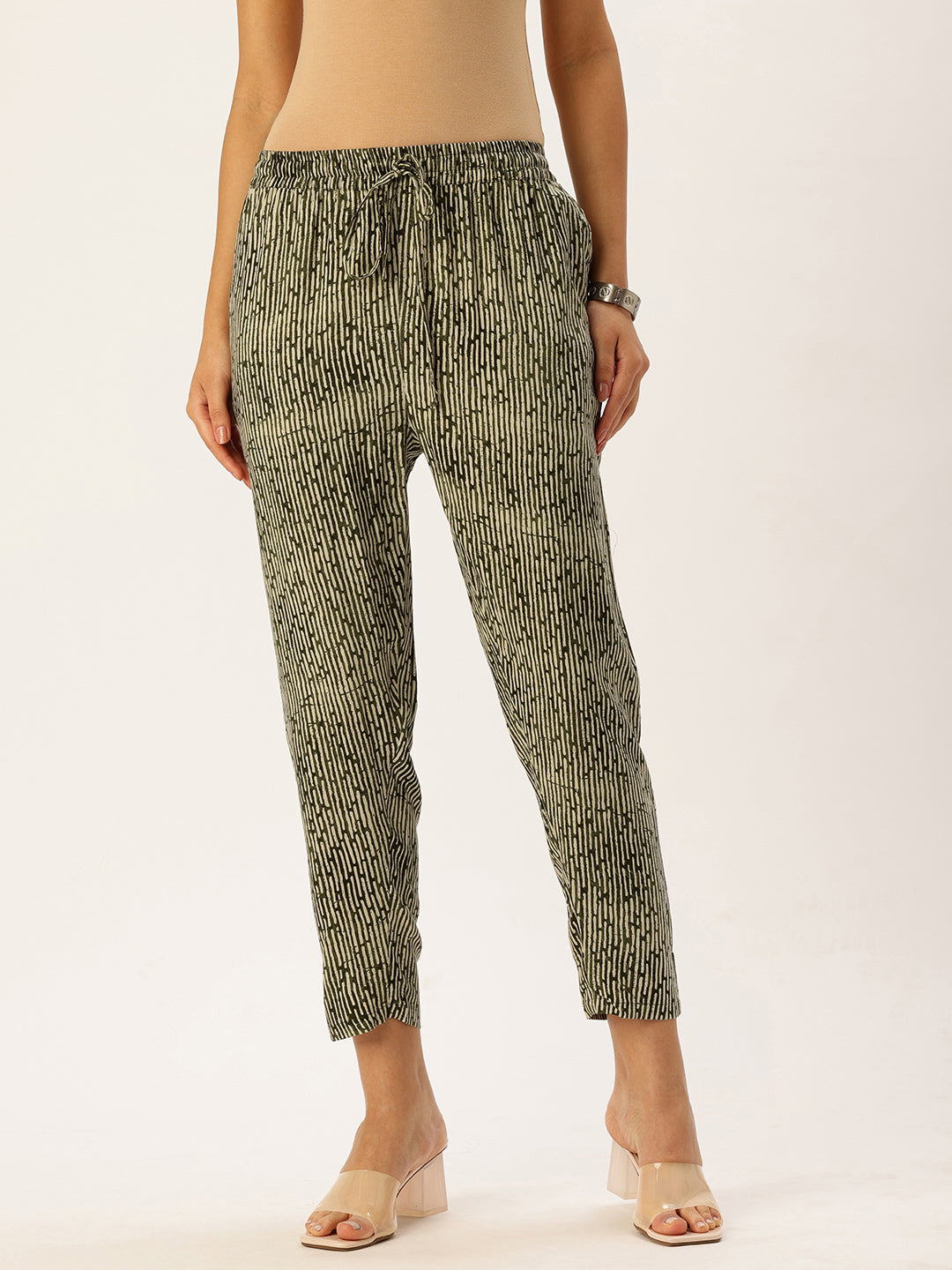 Green Striped Printed Pencil  Pant