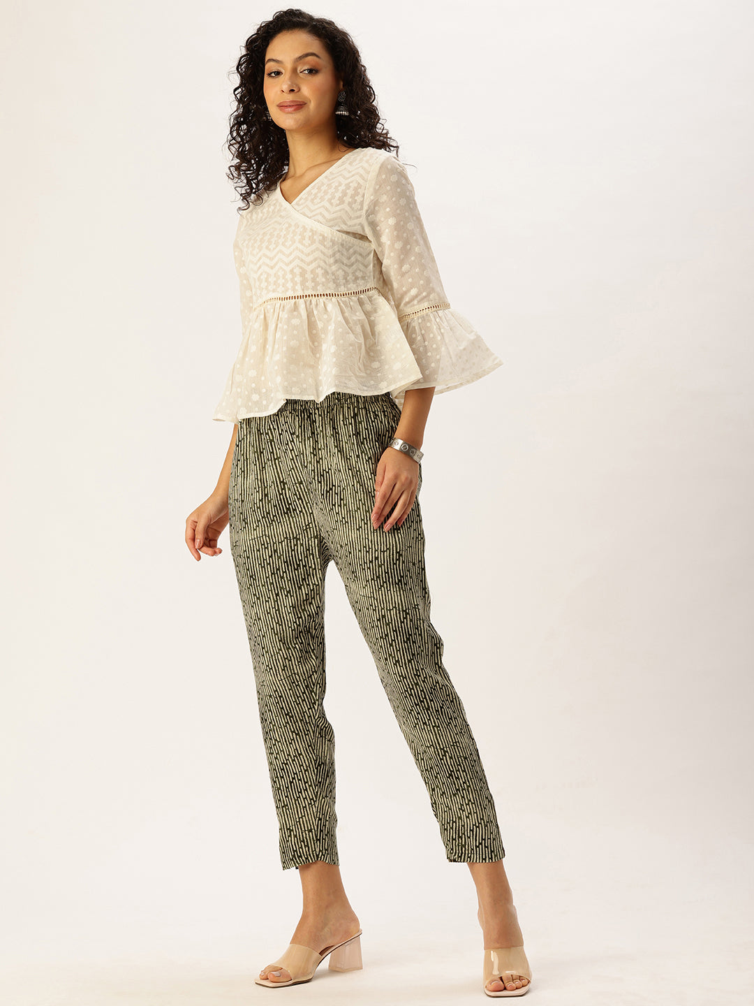 Green Striped Printed Pencil  Pant