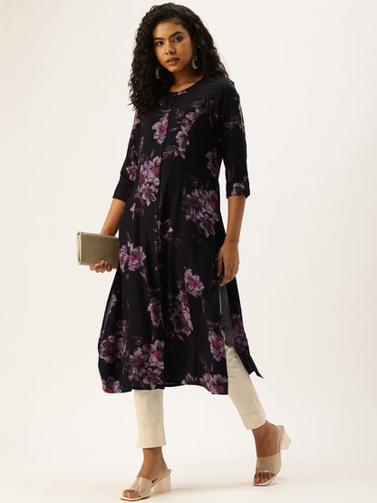 Black Floral Printed Kurta