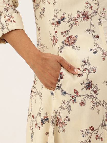 Ivory Floral Printed Mandarin Collar Kurta, Round Neck Kurta, ivory kurta, floral printed kurta, daily wear kurta