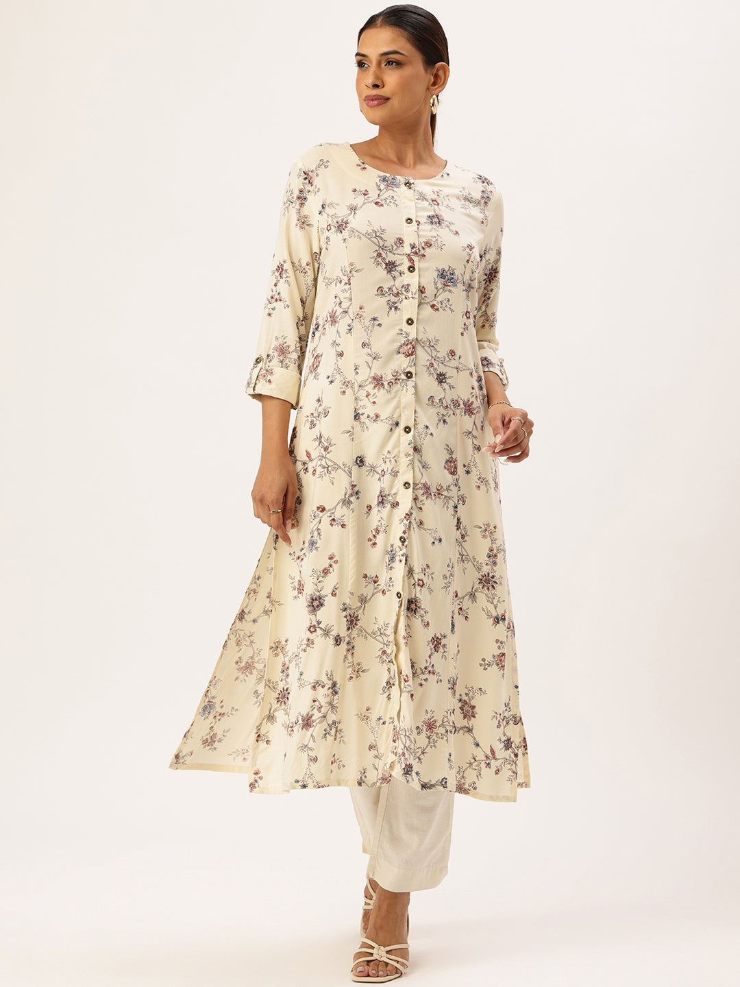 Ivory Floral Printed Mandarin Collar Kurta, Round Neck Kurta, ivory kurta, floral printed kurta, daily wear kurta