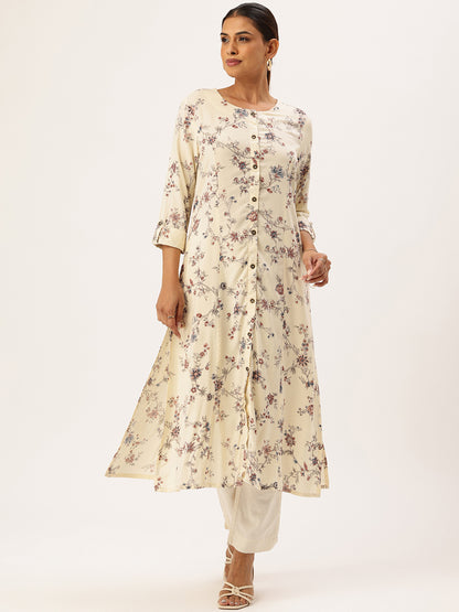 Ivory Floral Printed Mandarin Collar Kurta, Round Neck Kurta, ivory kurta, floral printed kurta, daily wear kurta