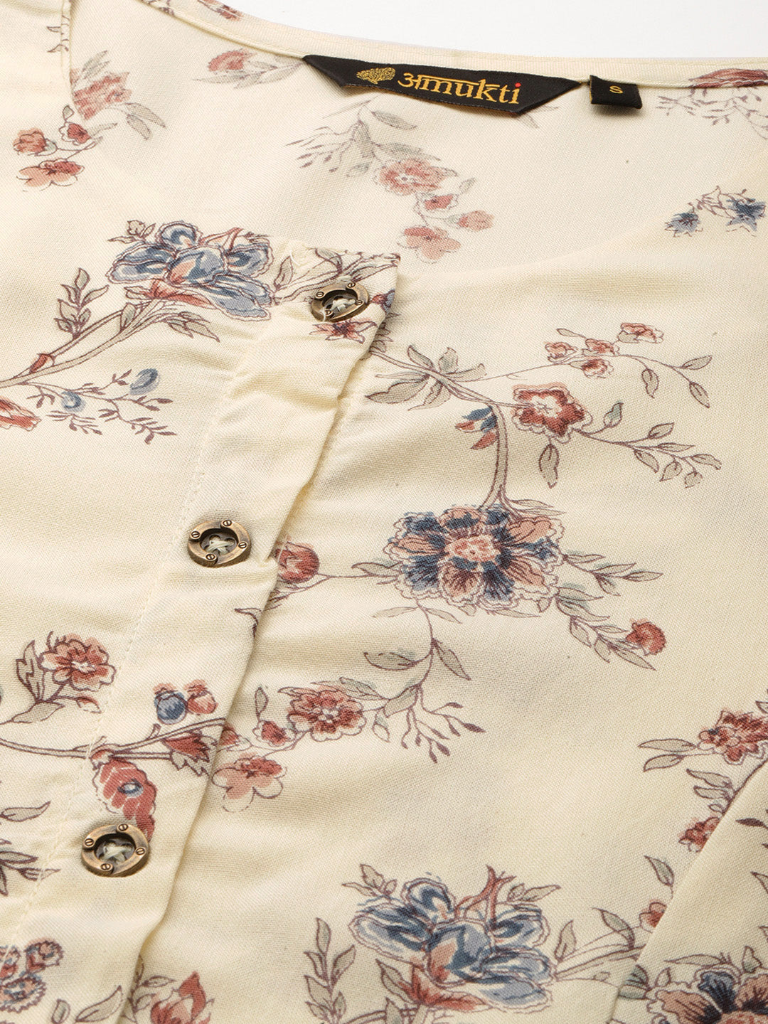 Ivory Floral Printed Mandarin Collar Kurta, Round Neck Kurta, ivory kurta, floral printed kurta, daily wear kurta