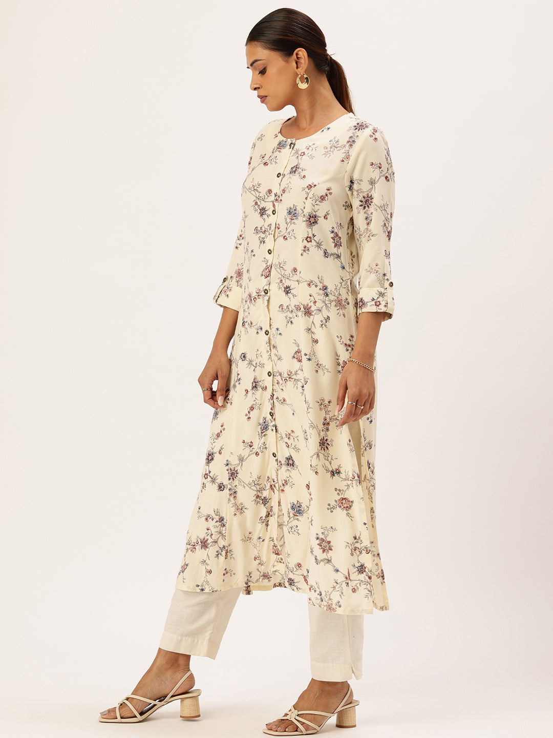 Ivory Floral Printed Mandarin Collar Kurta, Round Neck Kurta, ivory kurta, floral printed kurta, daily wear kurta
