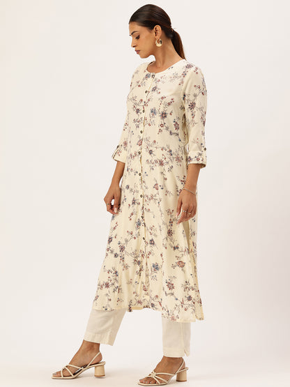 Ivory Floral Printed Mandarin Collar Kurta, Round Neck Kurta, ivory kurta, floral printed kurta, daily wear kurta