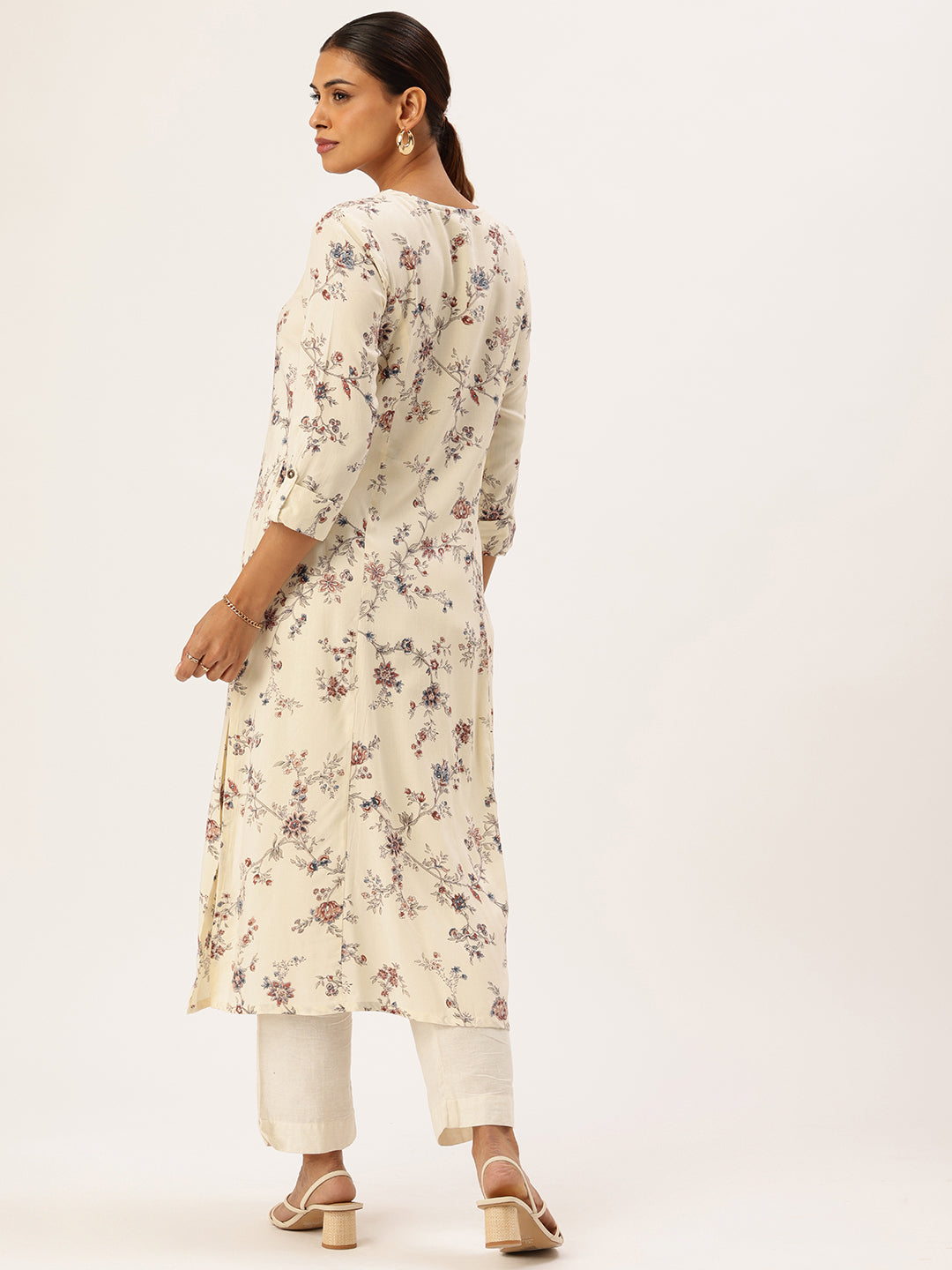 Ivory Floral Printed Mandarin Collar Kurta, Round Neck Kurta, ivory kurta, floral printed kurta, daily wear kurta