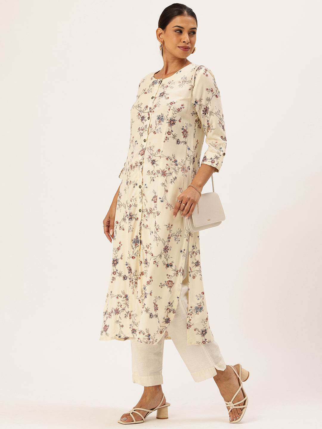 Ivory Floral Printed Mandarin Collar Kurta, Round Neck Kurta, ivory kurta, floral printed kurta, daily wear kurta