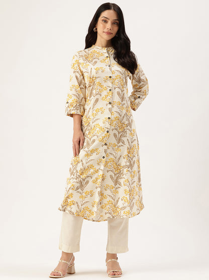 Beige Floral Printed Floral A Line Kurta