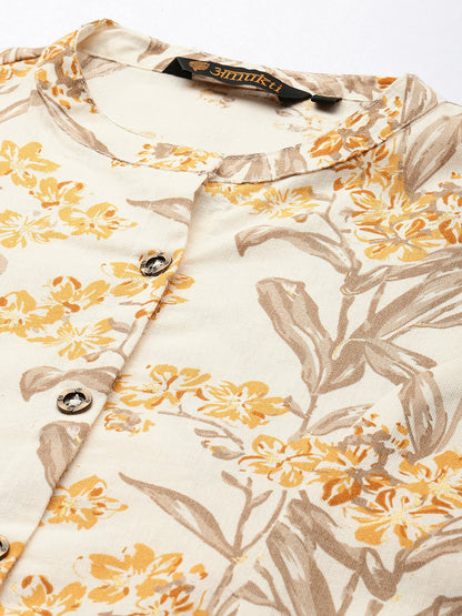Beige Floral Printed Floral A Line Kurta