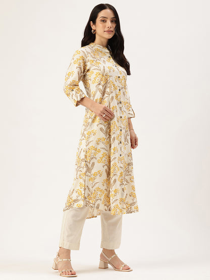 Beige Floral Printed Floral A Line Kurta