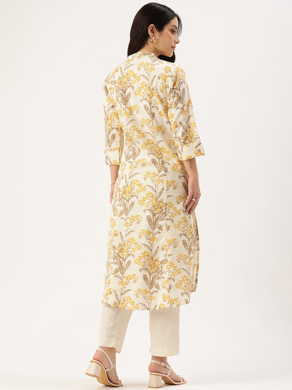 Beige Floral Printed Floral A Line Kurta