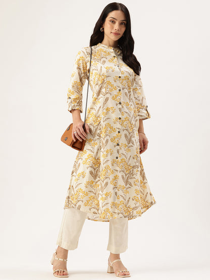 Beige Floral Printed Floral A Line Kurta