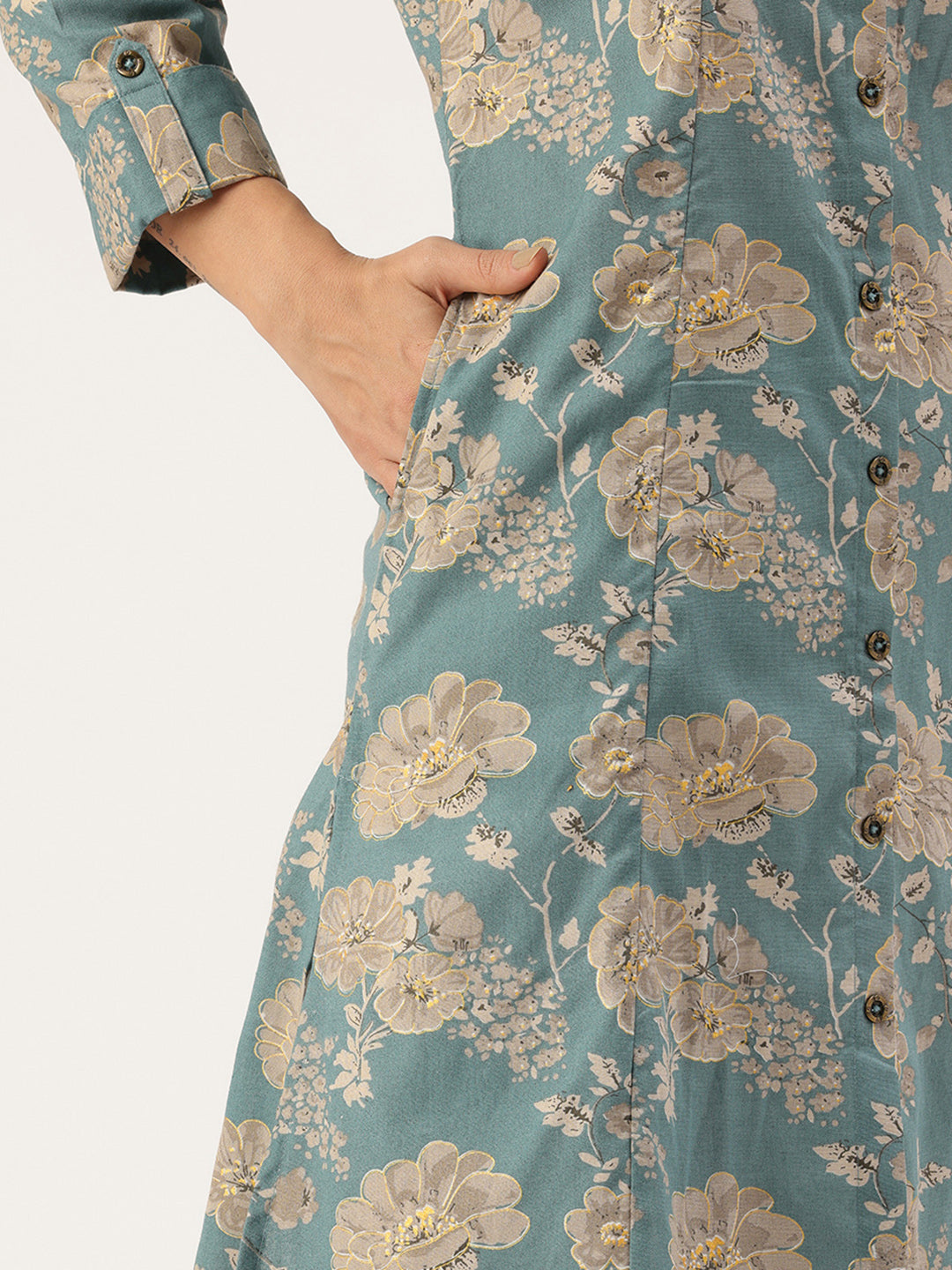 Blue & Beige Ethnic Motifs Printed Pure A Line Kurta