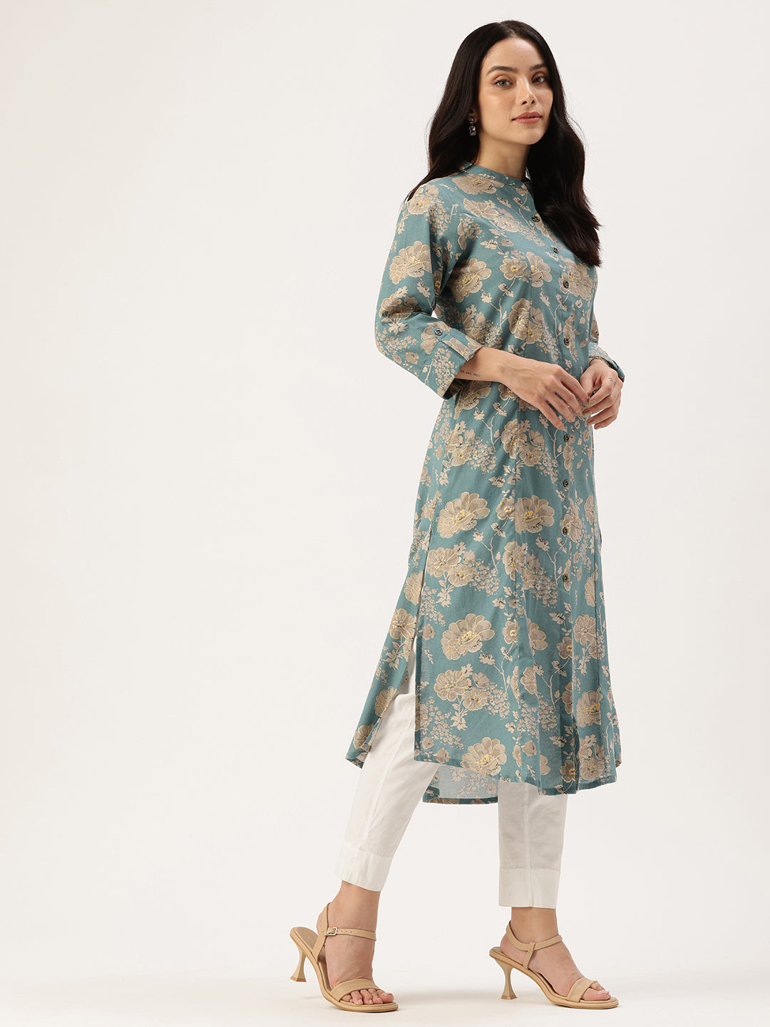 Blue & Beige Ethnic Motifs Printed Pure A Line Kurta
