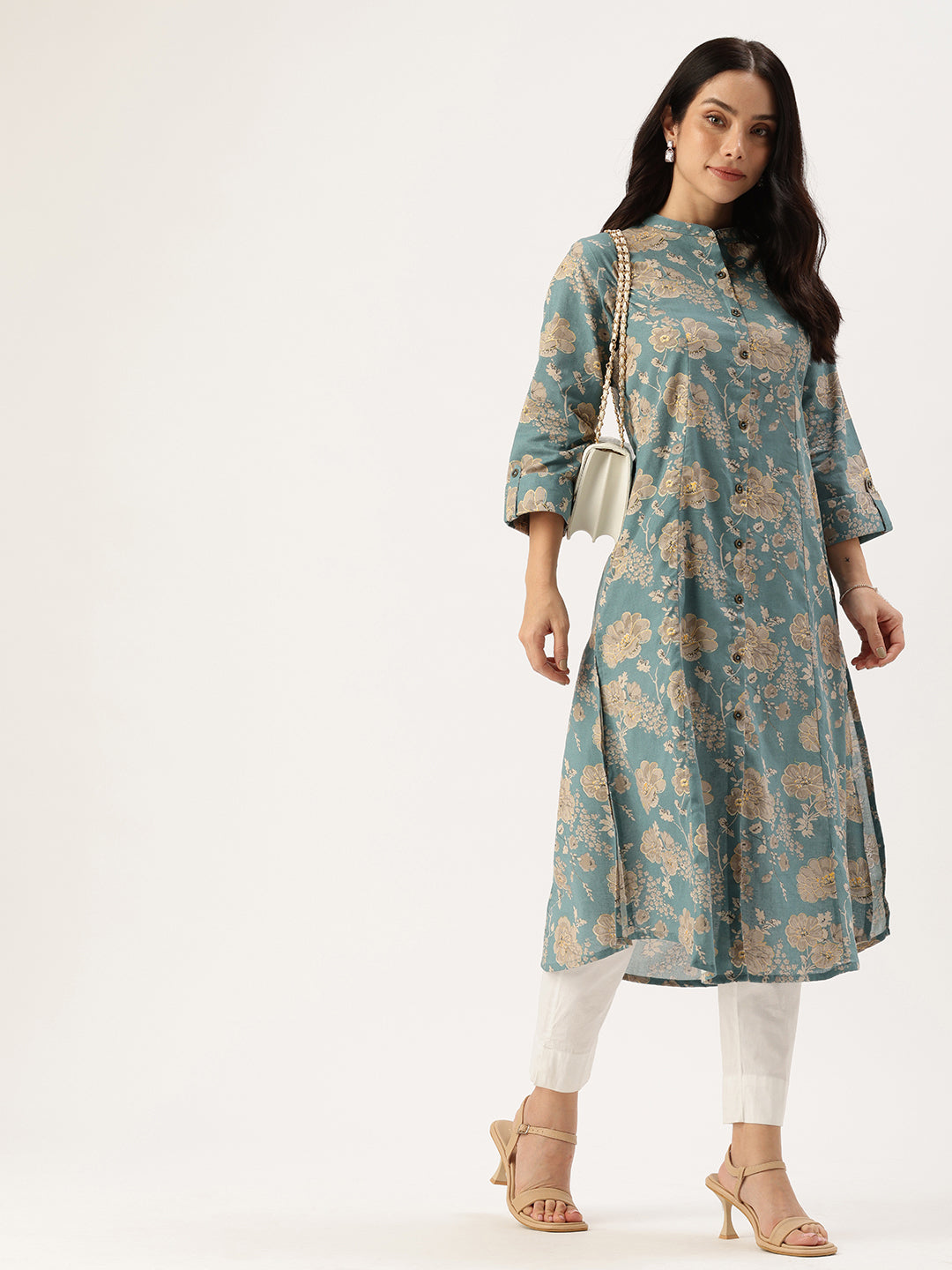 Blue & Beige Ethnic Motifs Printed Pure A Line Kurta