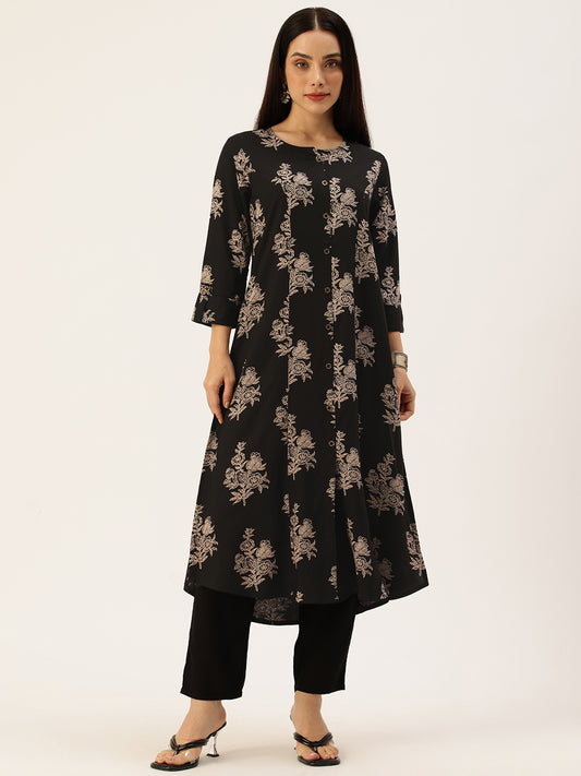 Black Floral Printed Kurta