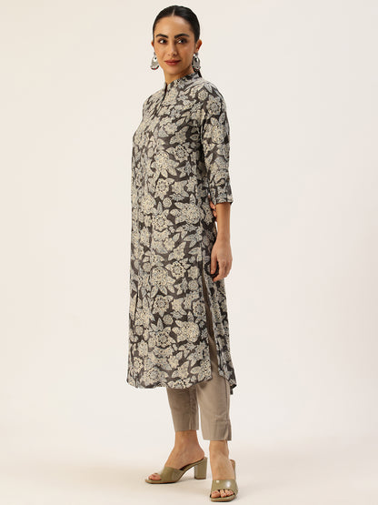 Grey Floral Printed Mandarin Collar Kurta