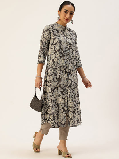 Grey Floral Printed Mandarin Collar Kurta
