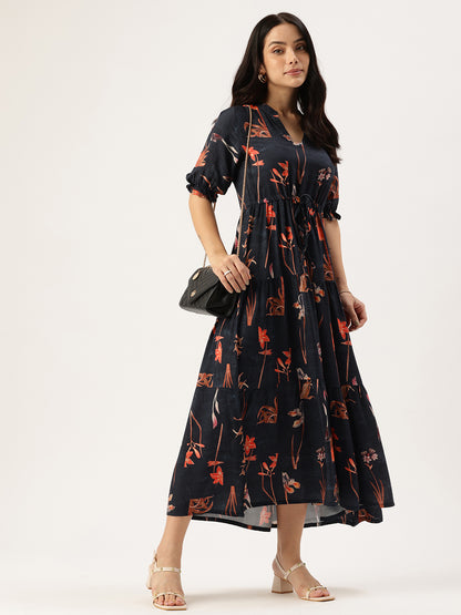 Blue Digital Print Puff Sleeves Midi Dress