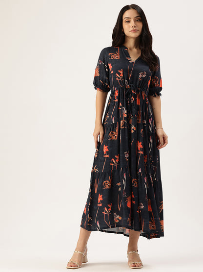 Blue Digital Print Puff Sleeves Midi Dress
