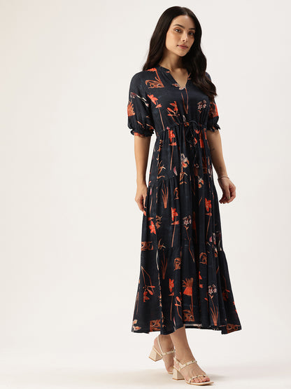 Blue Digital Print Puff Sleeves Midi Dress