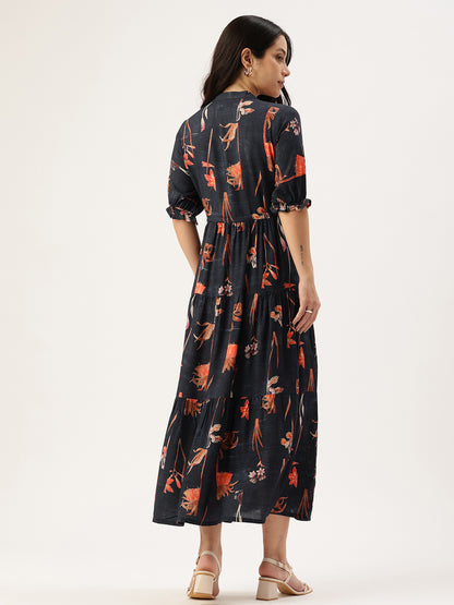 Blue Digital Print Puff Sleeves Midi Dress