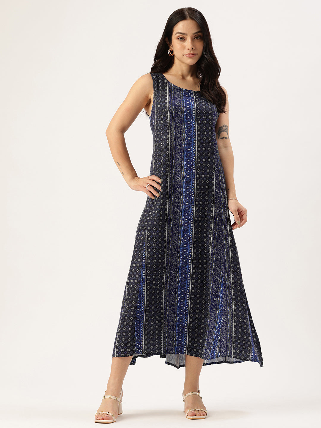 Blue Ethnic Motifs Printed A-Line Midi Dress Amukti - The Women's Ethnic Fashion Store Blue Ethnic Motifs Printed A-Line Midi Dress Amukti - The Women's Ethnic Fashion Store
