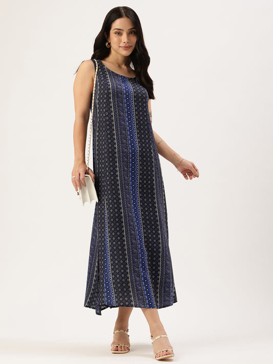 Blue Ethnic Motifs Printed A-Line Midi Dress