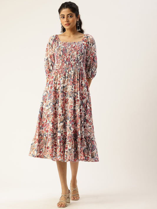 Multi Floral Printed Cuffed Sleeves Dress
