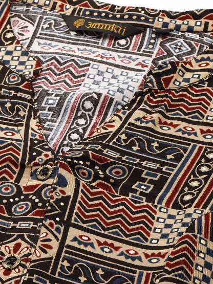 Beige Printed Mandarin Collar Kurta