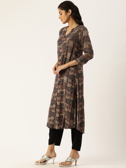 Beige Printed Mandarin Collar Kurta