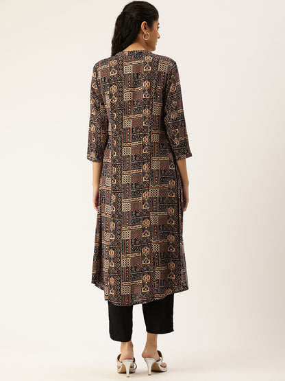 Beige Printed Mandarin Collar Kurta