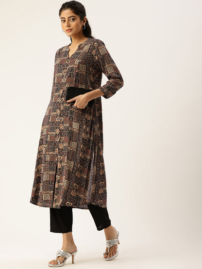 Beige Printed Mandarin Collar Kurta